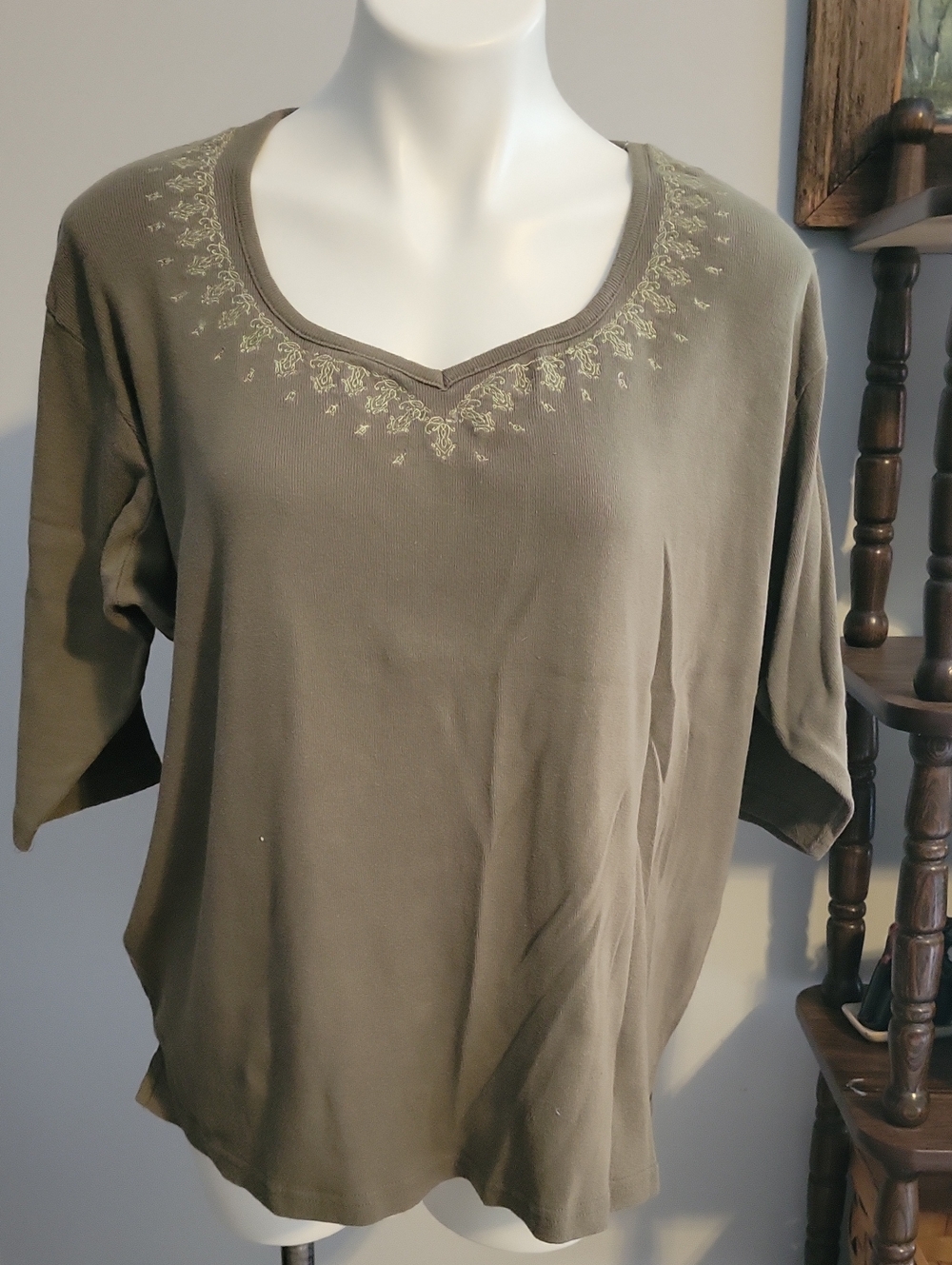 Olive Green Embroidered V-Neck Top